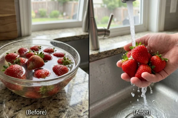 Man thoroughly washing fresh imported strawberries under a heavy stream of tap water.