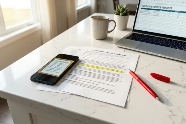 Tenant reading an eviction notice while sitting at a kitchen table.