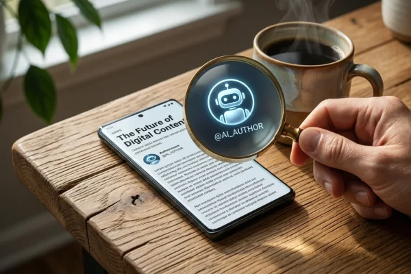 Man looking closely at a laptop screen with a magnifying glass.