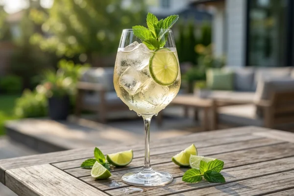 A chilled glass of Hugo Spritz garnished with fresh mint and lime slices.