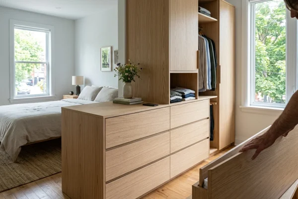 A newly assembled IKEA STORKLINTA dresser sitting next to a classic MALM bed frame.