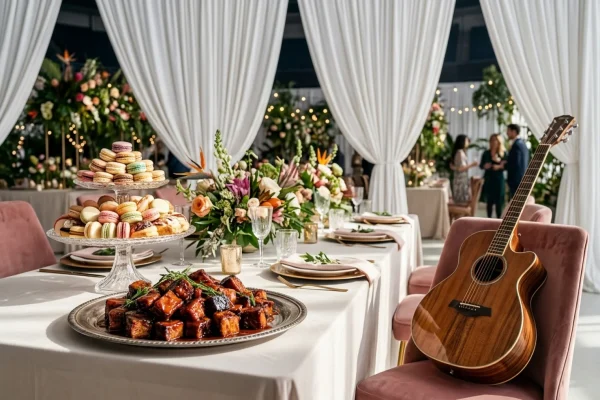 Madison Square Garden exterior at night with subtle white wedding floral decor.