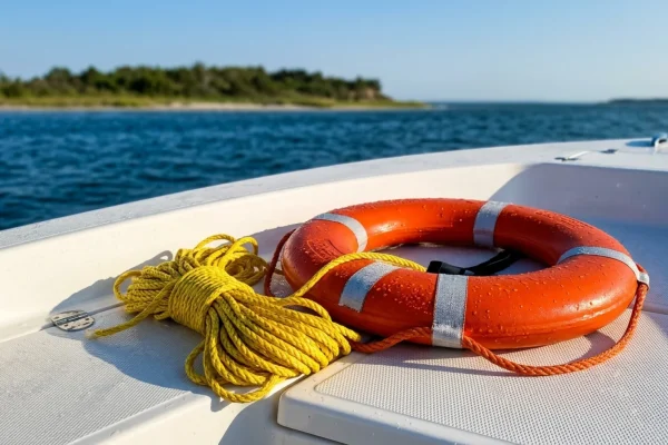A rugged powerboat anchored safely near a coastal barrier island.
