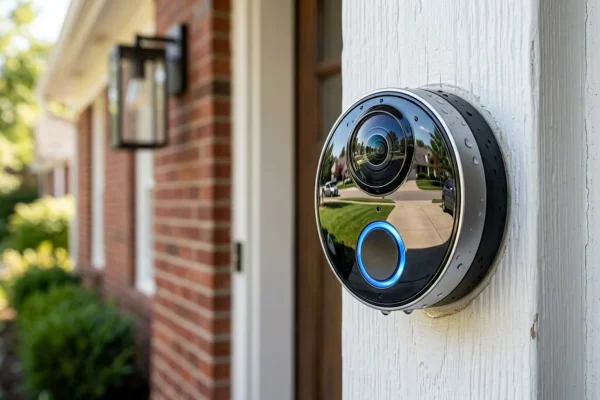 A sleek video doorbell camera glowing blue while recording a dark front porch at night.