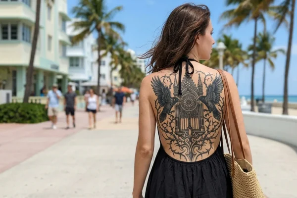 Jenna Ortega showing off a massive gothic back tattoo in a backless summer dress.