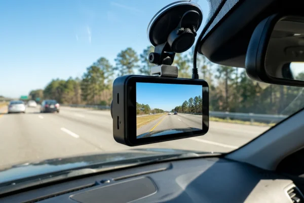 A sleek dashcam mounted on a car windshield capturing a tense nighttime road encounter.