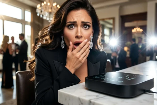 Digital rendering of a fractured smart home hub with Kardashian branding.