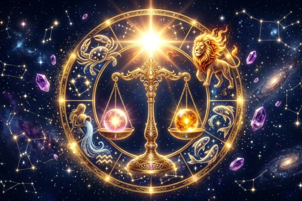 Glowing golden scales of karma floating in a starry night sky with astrological glyphs.