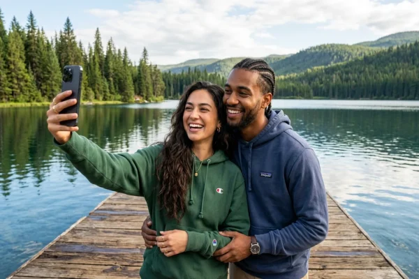 Kim Kardashian and Lewis Hamilton smiling outdoors next to tall pine trees.