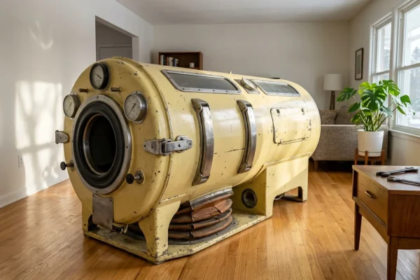 A vintage yellow iron lung medical ventilator used for polio patients.