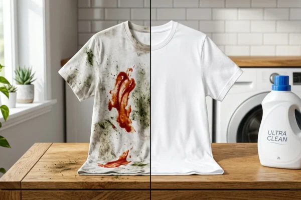 Dozens of liquid laundry detergent bottles lined up next to a heavily stained cotton shirt.