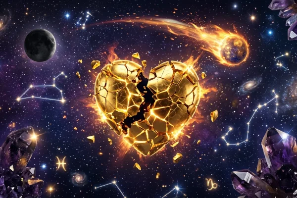 A glowing broken heart surrounded by planetary orbits and stars.