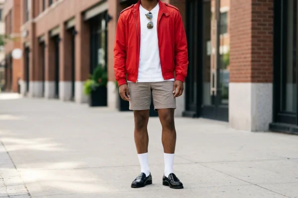 A young man walking down a summer street wearing a lightweight red jacket, white socks, and black loafers.