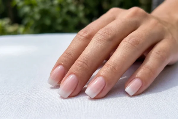 Close-up of a flawless milky French manicure with sheer white tips on a sunlit background.