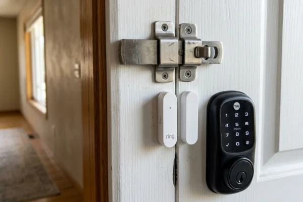 A father installing a smart door chime and high-mounted security latch on a front door.