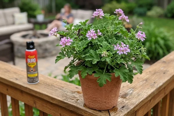 Potted scented geranium sitting on a sunlit wooden windowsill.