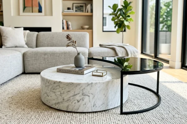 A modern living room featuring layered marble and dark smoked glass nested coffee tables.