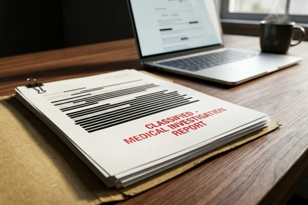 A printed legal document with a magnifying glass resting over redacted medical terminology.