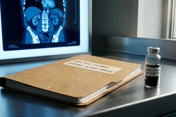 A thick forensic medical file resting on a stainless steel examination table.