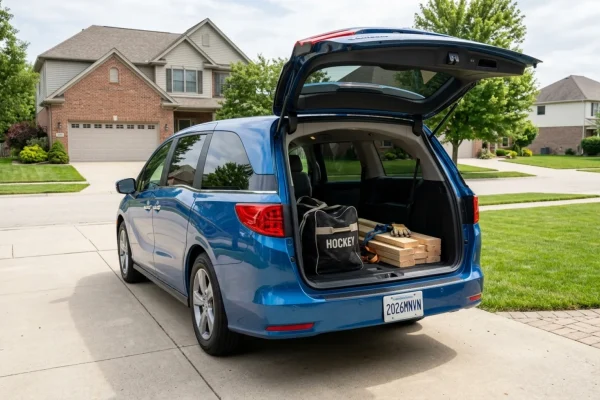 Red 2026 Honda Odyssey parked in a suburban driveway.