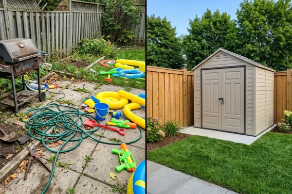A compact beige resin outdoor storage shed sitting neatly on a backyard patio.