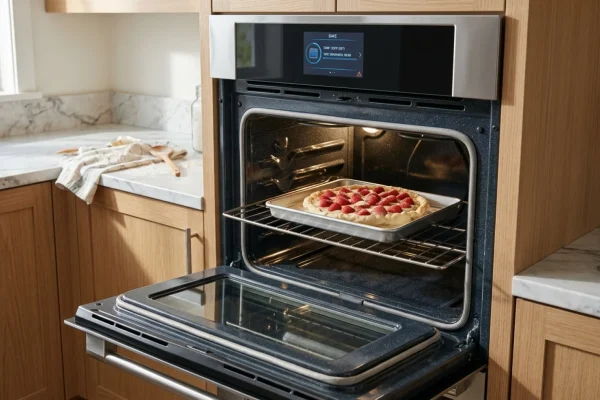 A frustrated man inspecting a partially baked pie inside a brand new, stainless steel oven.