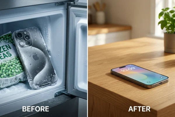 A sleek smartphone with condensation droplets on its screen sitting inside a modern refrigerator.