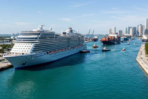Massive Royal Caribbean cruise ship stuck in Port of Miami channel.