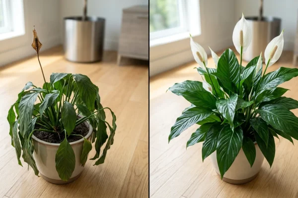 Lush green peace lily with white blooms in a bright indoor setting.