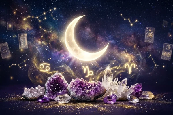 A glowing crescent moon hovering over a dark summer ocean sprinkled with cosmic stardust.