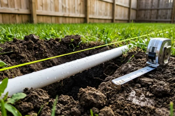 A homeowner looking confused at a neighbor's underground sprinkler pipe crossing the property line.