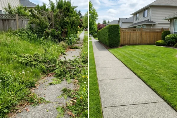 Homeowner trimming overgrown hedges along a residential city sidewalk.