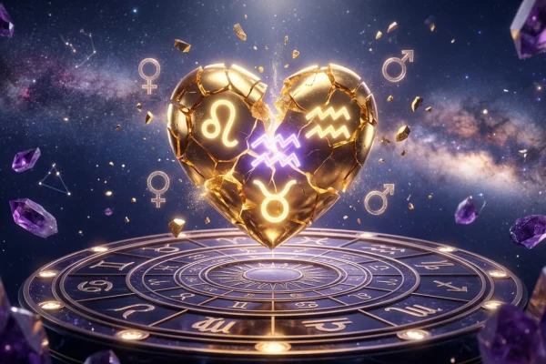 Cracked glowing stone heart surrounded by intense planetary orbits and zodiac constellations.