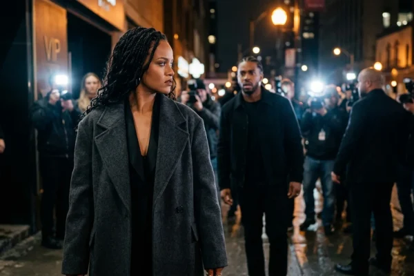 Rihanna walking toward a waiting SUV away from A$AP Rocky in Paris