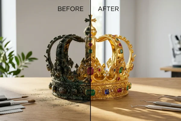 16th-century gold royal funeral crown resting on a velvet museum display.