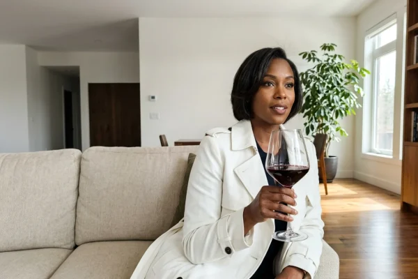 Kerry Washington holding a glass of red wine while wearing a white coat on her Instagram account.
