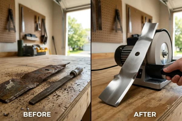 A heavy-duty motorized bench grinder sharpening a dull metal lawn mower blade.