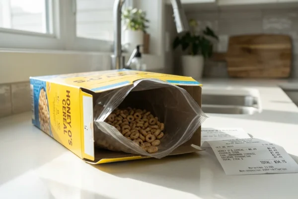 A frustrated shopper holding a noticeably thinner cereal box next to an older, wider version in a grocery aisle.