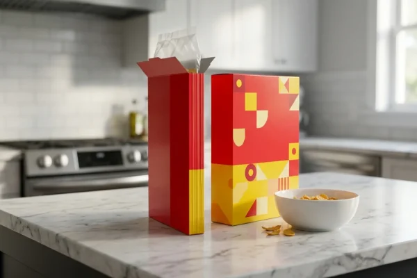 Two identical-looking cereal boxes with different net weights printed on the bottom.