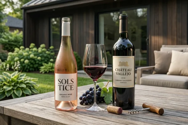 Crystal wine glasses reflecting a sun-drenched vineyard patio with bottles of Avaline and 19 Crimes resting on a marble table.