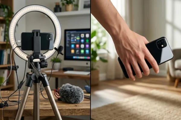 A frustrated creator holding a smartphone displaying an Instagram Reels graph with low views.