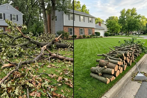 Homeowner clearing large broken tree branches from a suburban driveway.