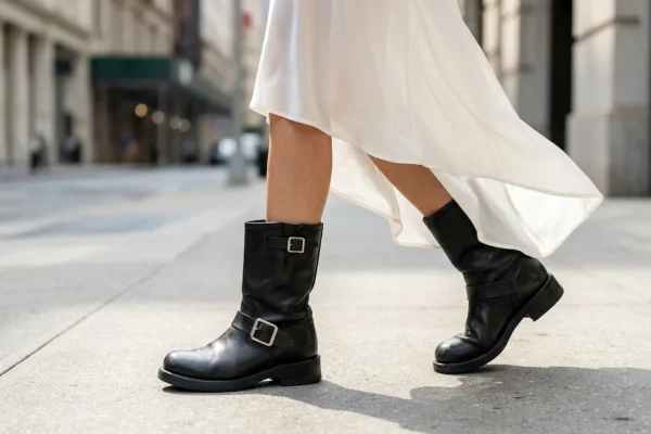 Dua Lipa walking in New York wearing a white slip dress and heavy black leather biker boots.
