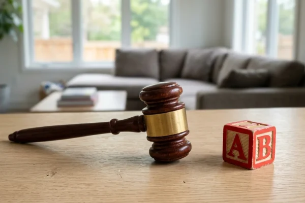 Family court gavel resting on legal documents.