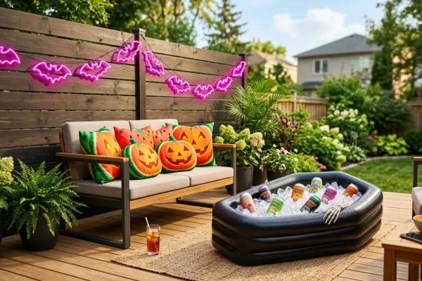 A glowing jack-o-lantern wearing sunglasses resting on a bright pink pool float.