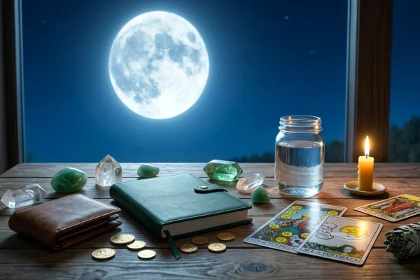 A glowing full moon rising behind a North American city skyline with subtle gold coin reflections.