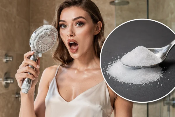 A close-up of a clogged showerhead covered in thick white limescale buildup next to cleaning supplies.