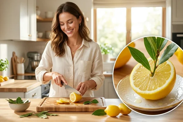 Hands cutting a fresh lemon on a wooden cutting board in a kitchen setting.