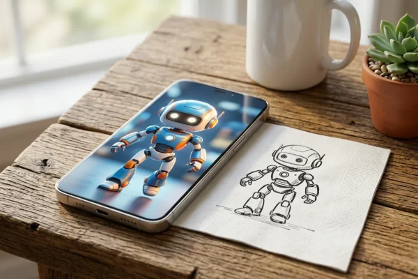 A smartphone screen showing a crude pencil sketch magically turning into a 3D animated character.