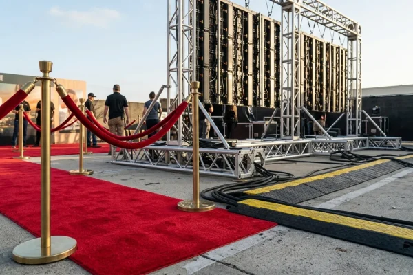 Crew members assembling custom staging and lighting rigs for a massive movie premiere event.